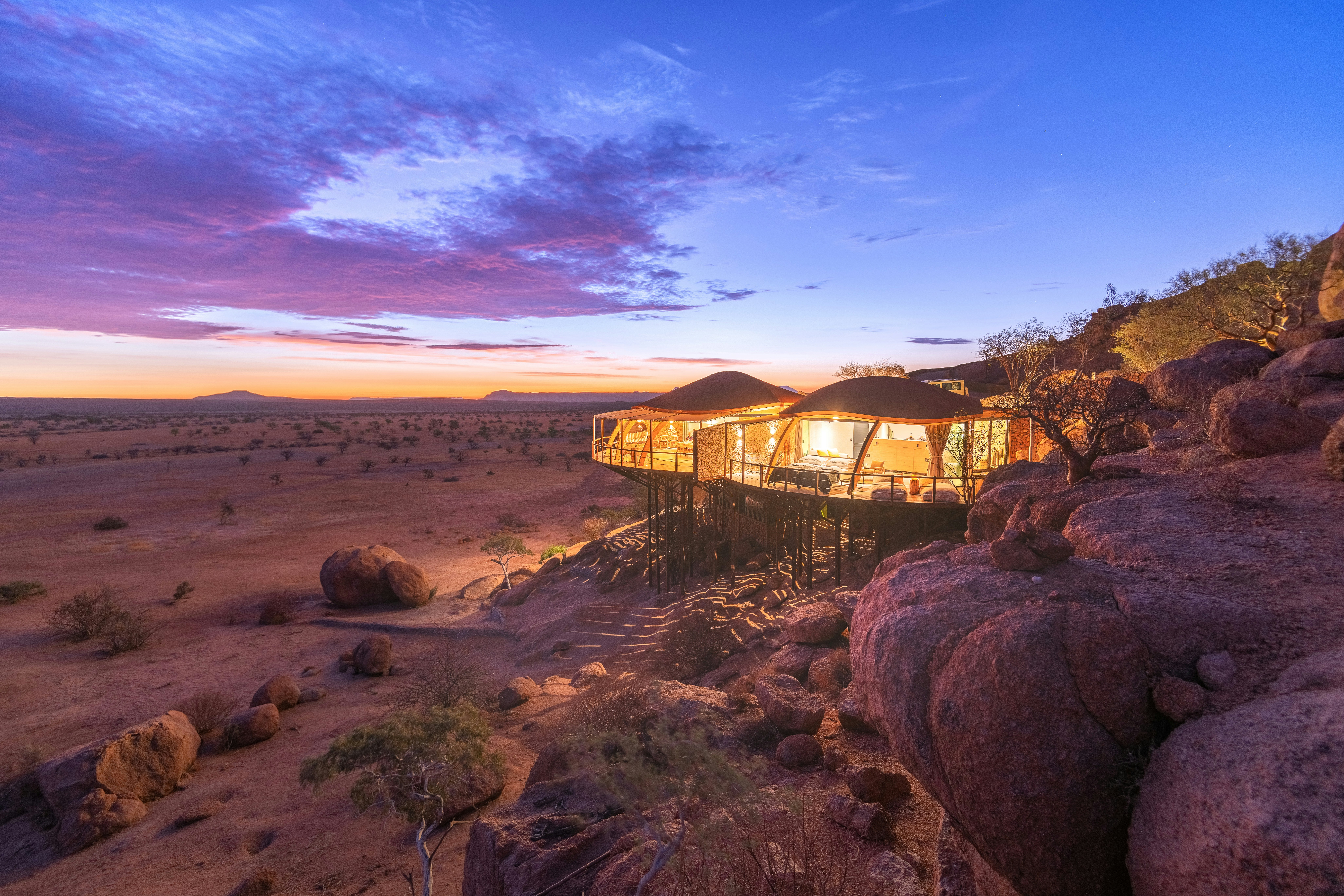 Elevated desert campsite at sunset